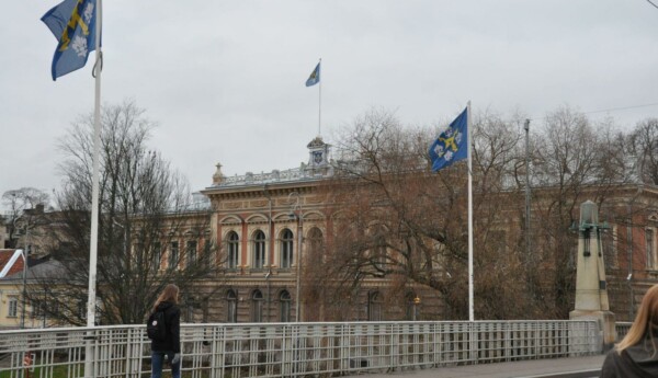 Stadshuset i Åbo med Aura bron och flaggstångar med stadens flagga hissade i förgrunden.