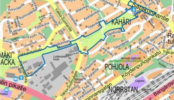 Karta över stadsdelen Långbacka i Åbo