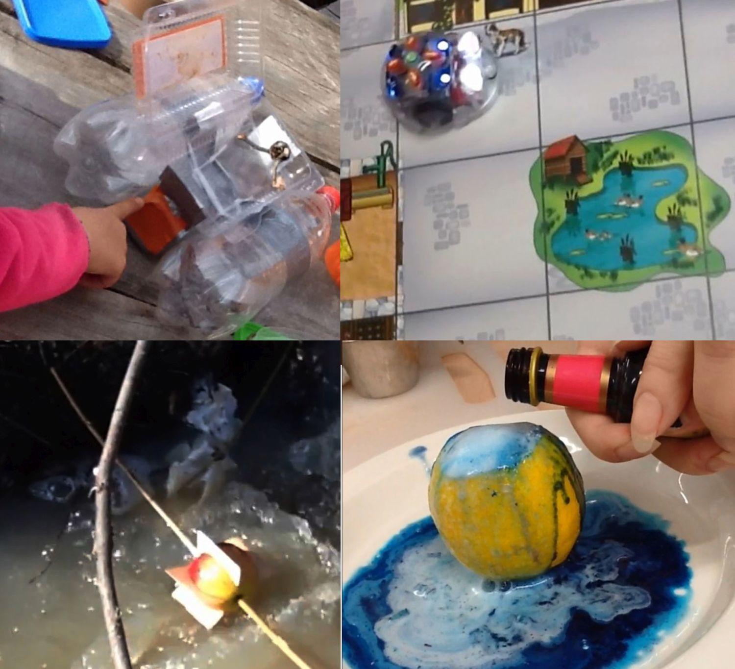 Plastbåt, liten robotbil, vattenhjul och en citron