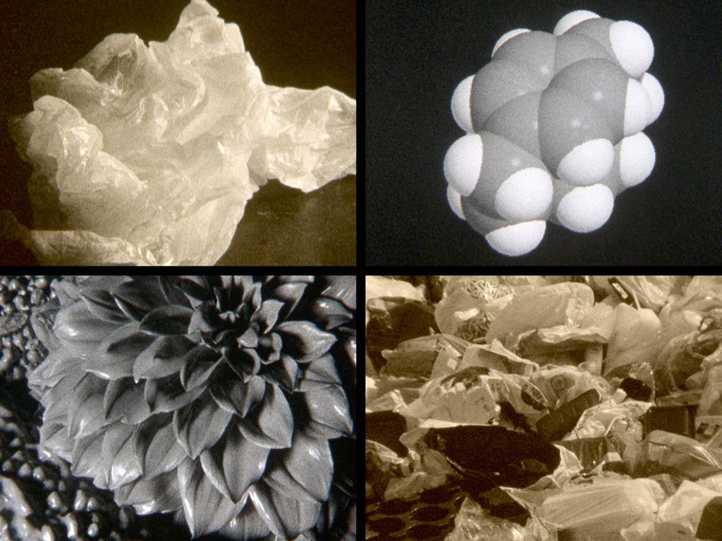 Ett kollage med fyra svartvita bilder: en föreställer en plastpåse, en en molekyl, en en blomma och den sista en hög med plastskräp