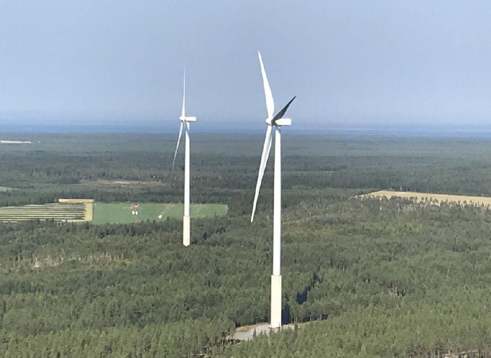 Vindkraftverk i skog.