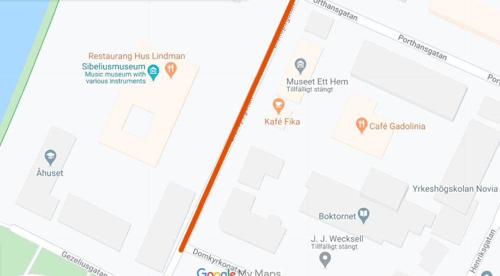 Karta med ett gatuavsnitt utmärkt.