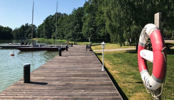 En brygga med en livboj på en ställning intill ett grönt landskap