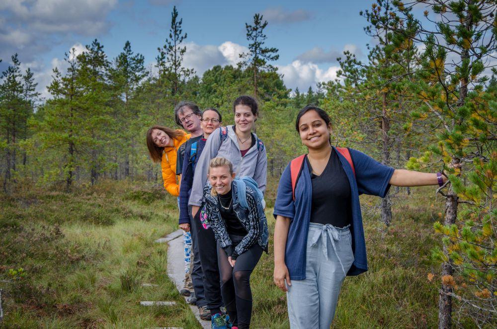 Glada människor på skogspromenad