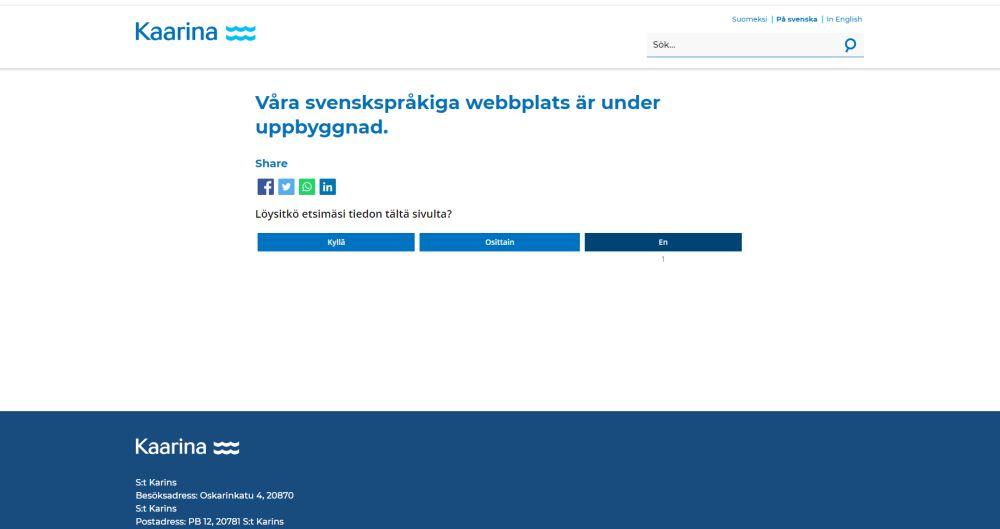 Skärmdump av en webbplats med varningsmeddelandet "Våra svenskspråkiga webbplats är under uppbyggnad."