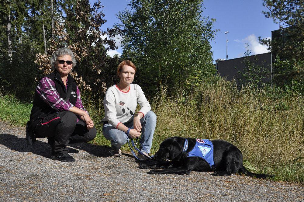 Två personer sitter på huk vid en hund i väst
