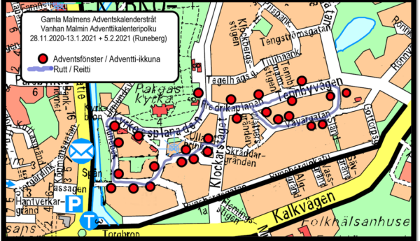 Karta som visar var fönster ska tändas i invånarnas advenstkalender