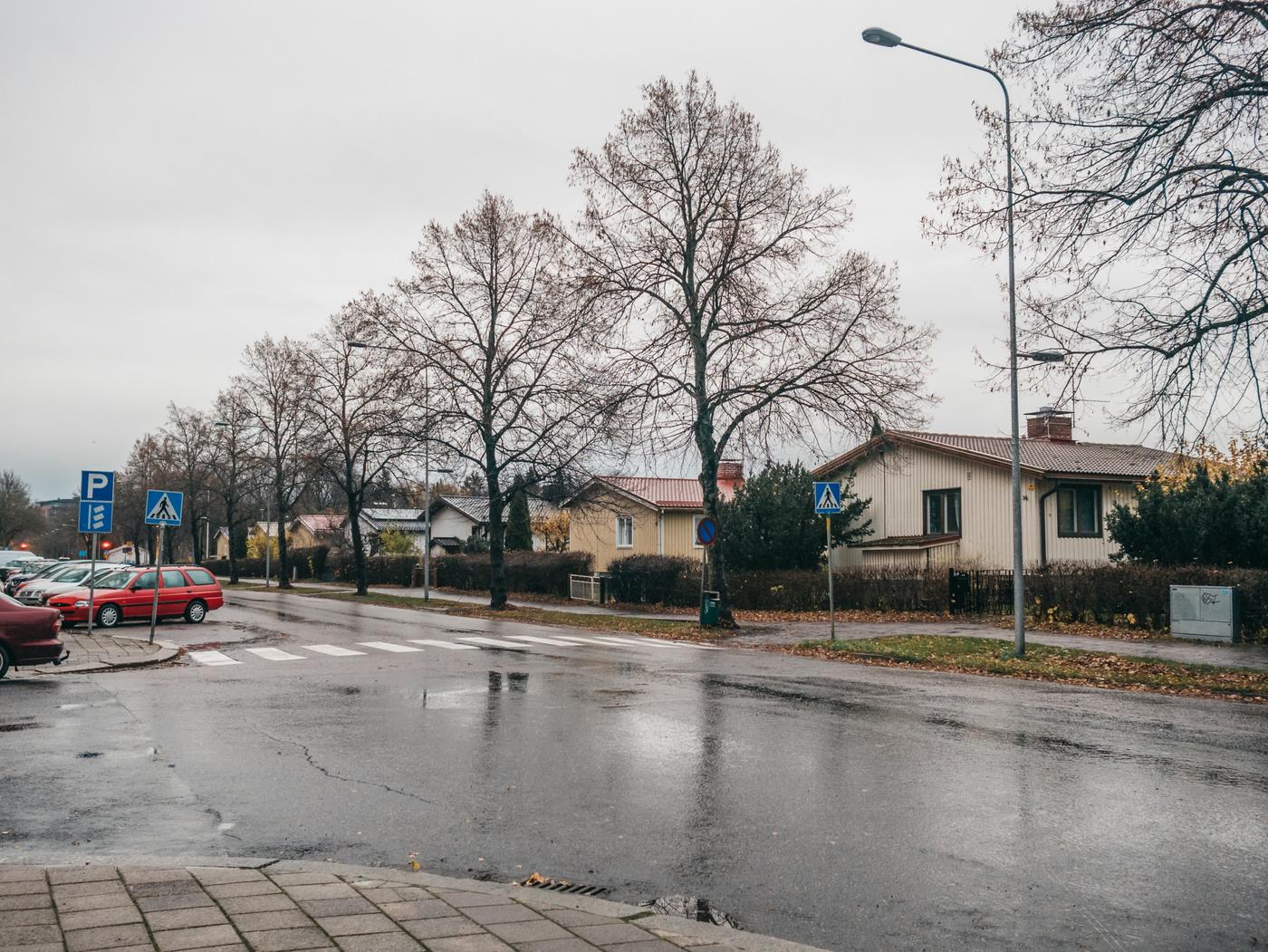 egnahemshus vid regnig väg i stad