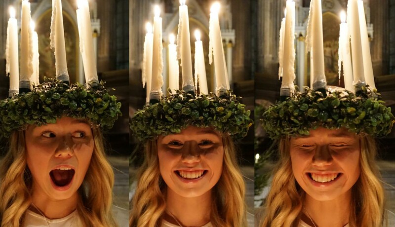 tre bilder av en skrattande lucia med ljuskrona på huvudet