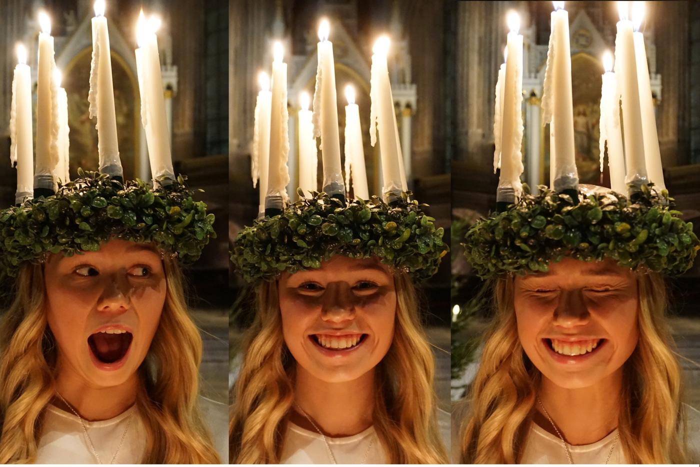 tre bilder av en skrattande lucia med ljuskrona på huvudet