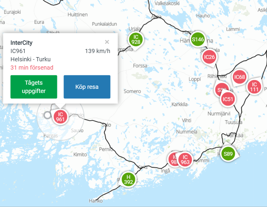 Karta över hur tåg kör