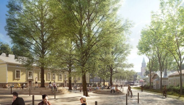 Park och kafé i trähusmiljö