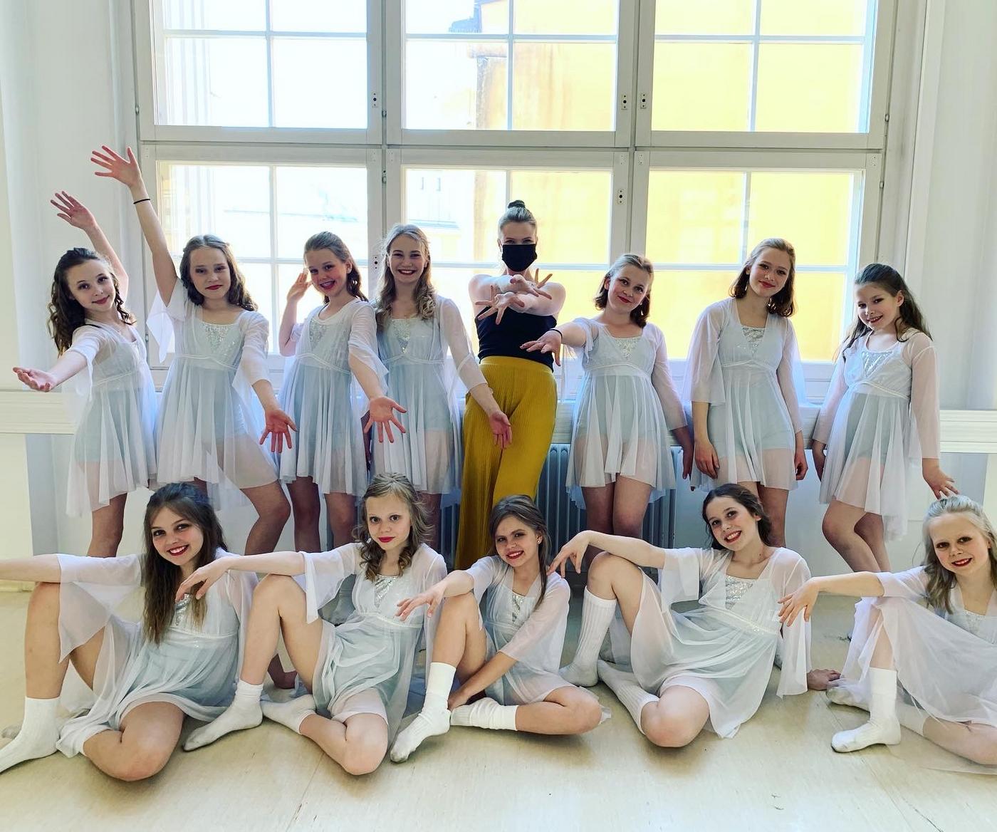 En grupp med dansare poserar framför kameran.