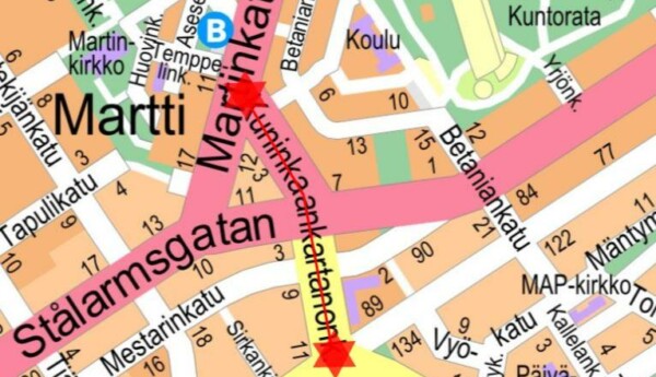 En karta där gatan där vägarbetet sker är utprickad.