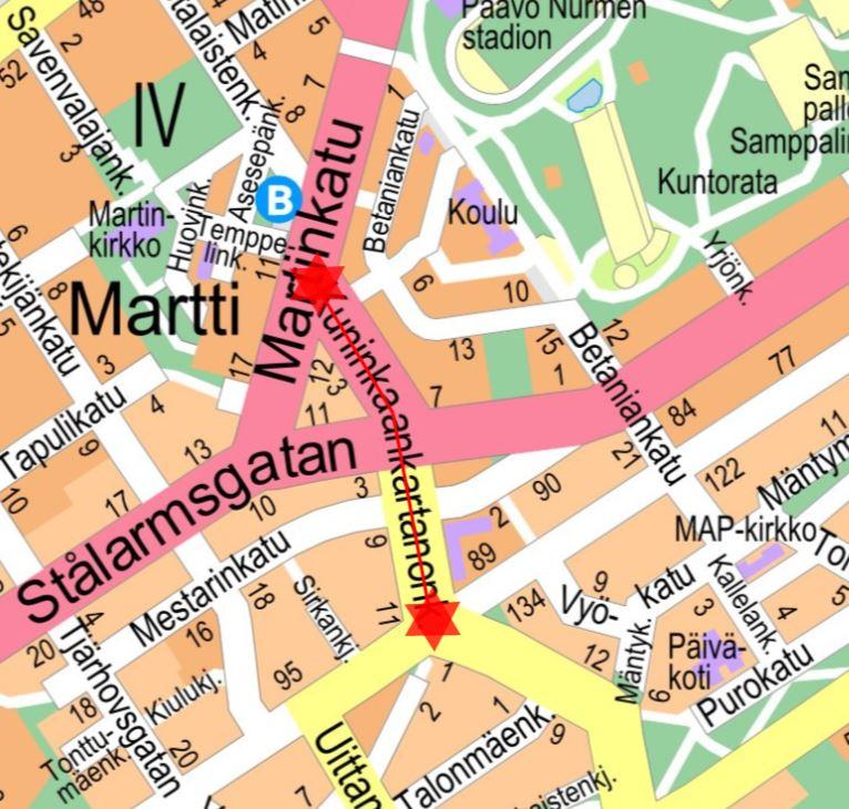 En karta där gatan där vägarbetet sker är utprickad.