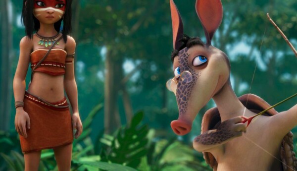 En animerad flicka och ett djur i en film.