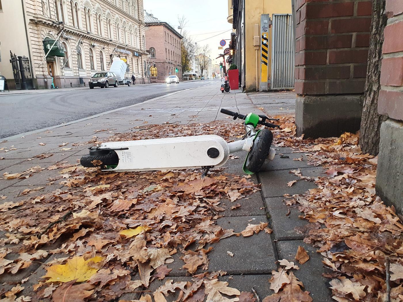 En elsparkcykel som ligger på en trottoar med löv.