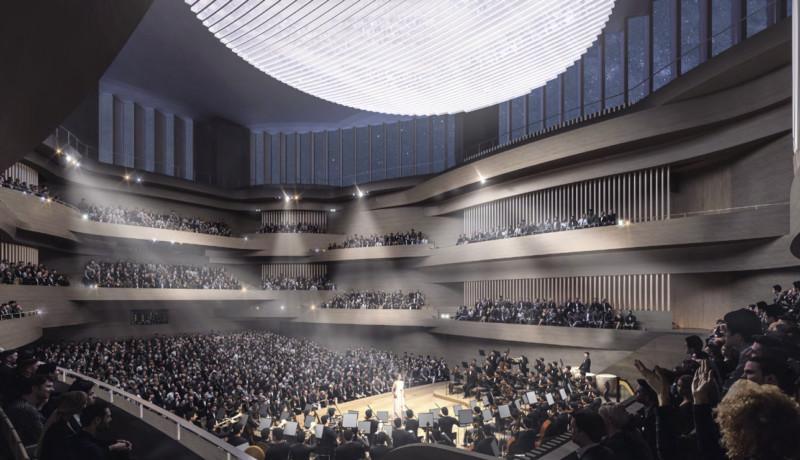 Illustration av konsertsal med orkester och publik