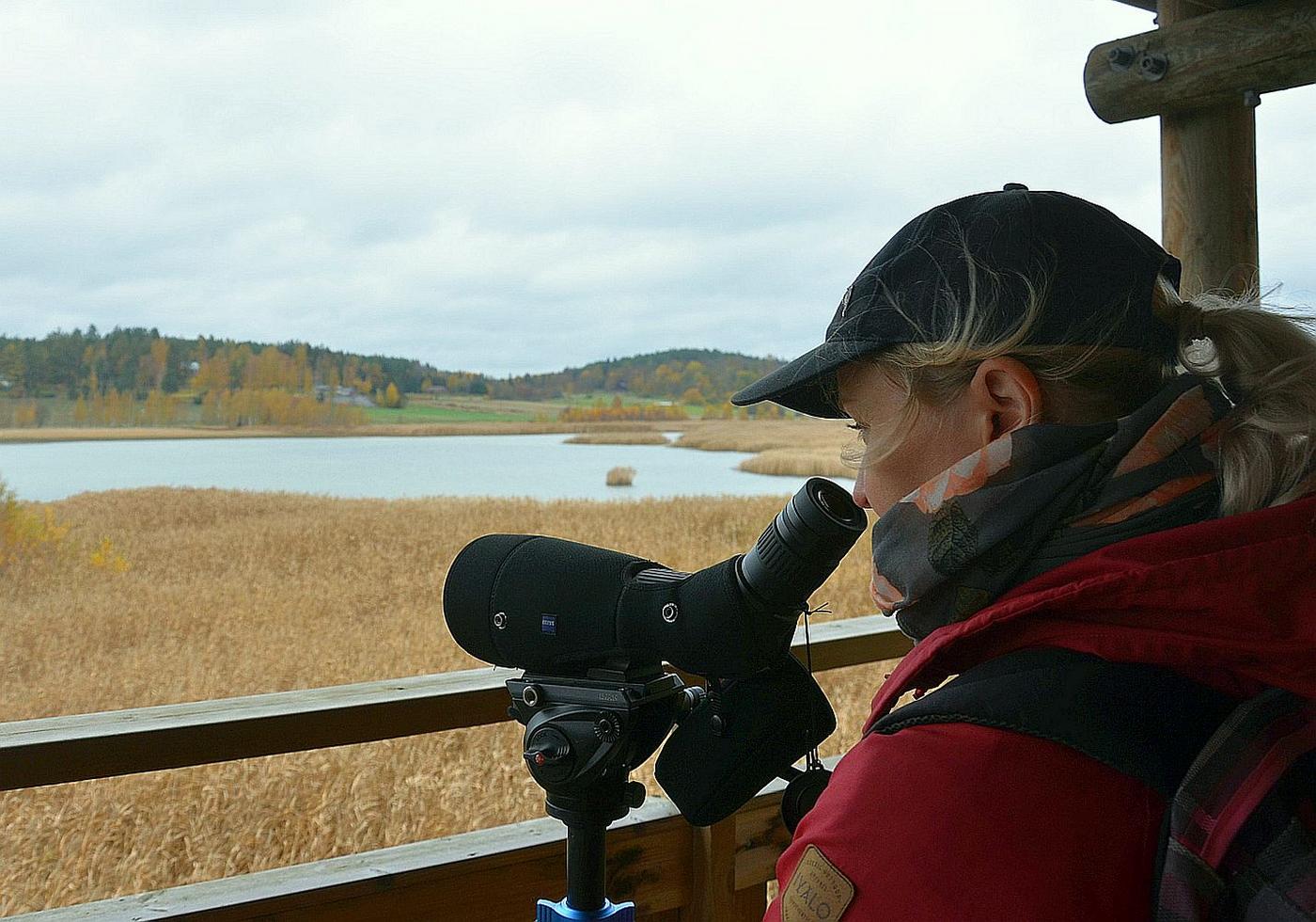 Kvinna spanar ut över havsvik med tubkikare