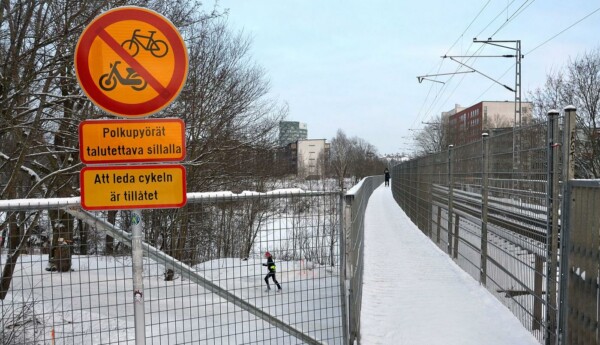 Fotgängarbro i vintrigt landskap