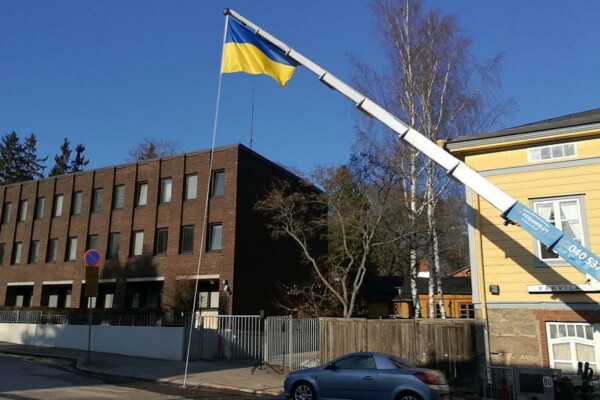 Kran lyfter flagga upp i ett träd i en park vid ett höghus