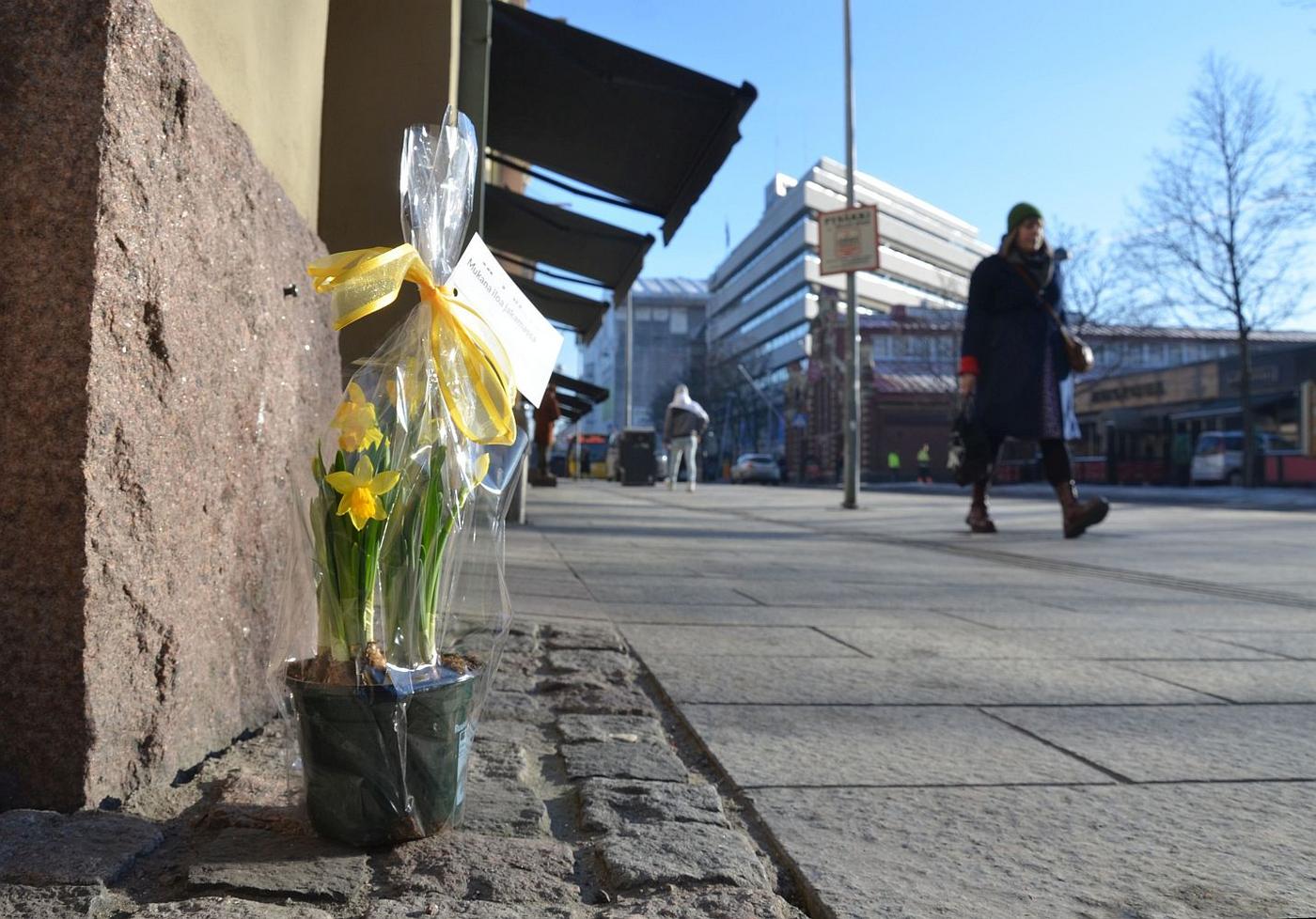 Blomma står på trappa i stadsmiljö
