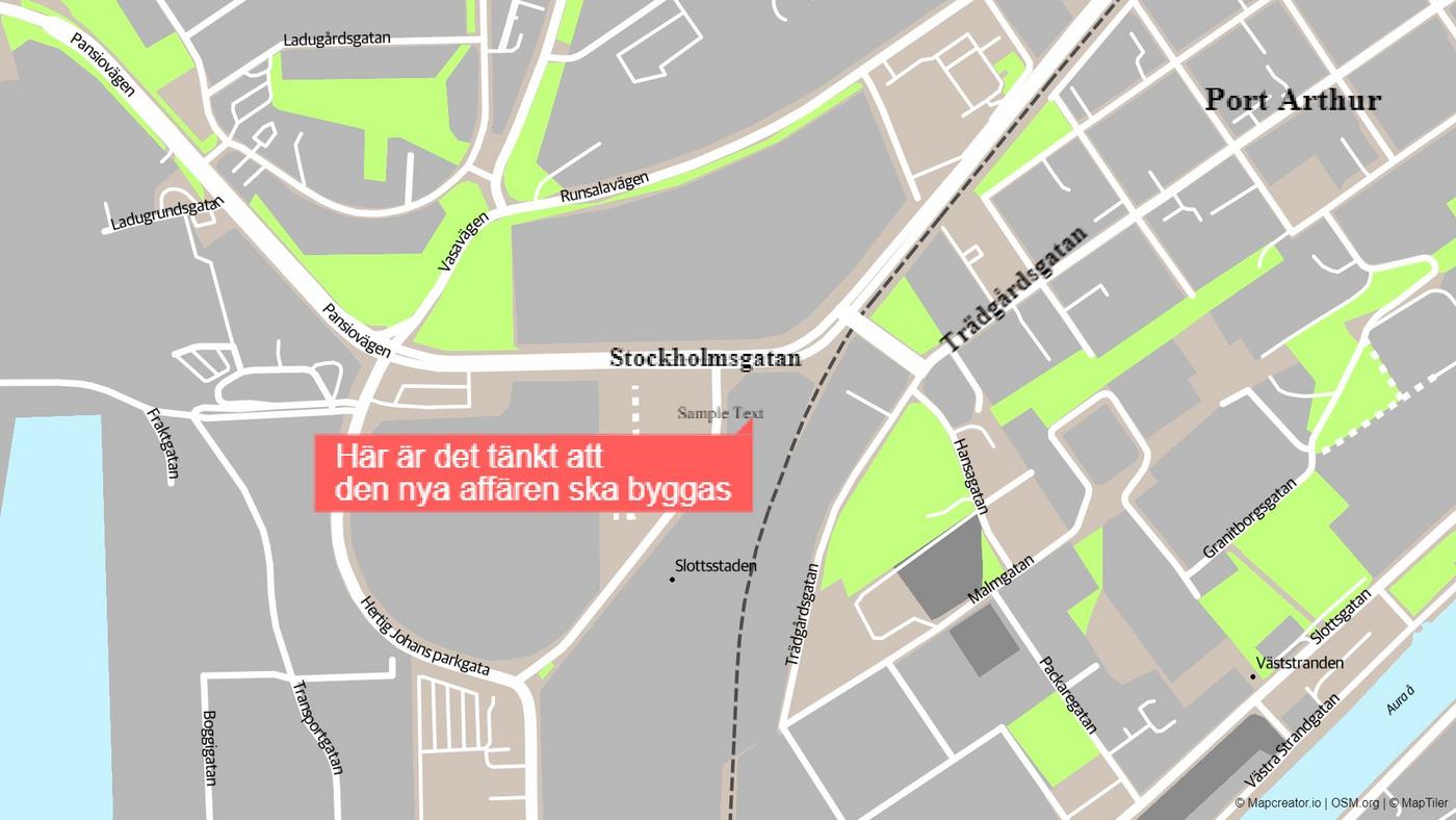 En karta där platsen för mataffären har märkts ut.