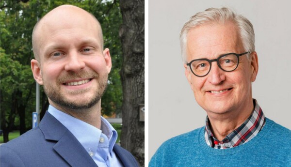 Bildkollage med två leende män