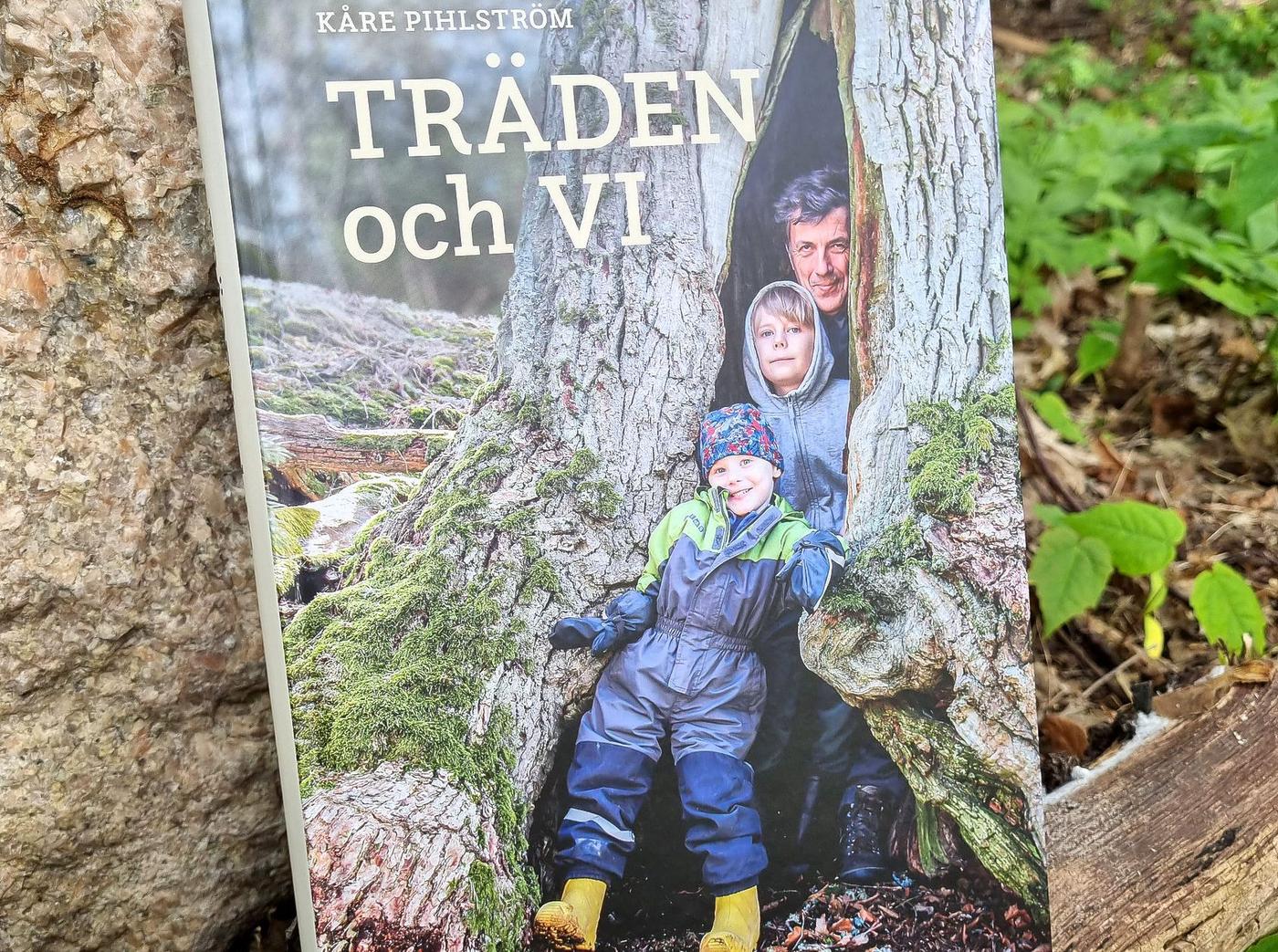 bokpärm med tre människor som tittar ut från ett träd på bilden