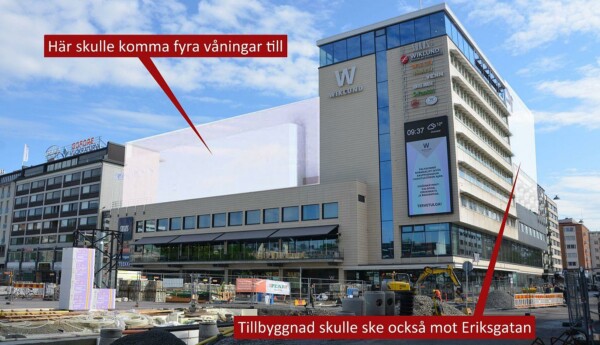 Varuhus med möjlig tillbyggnad inritad