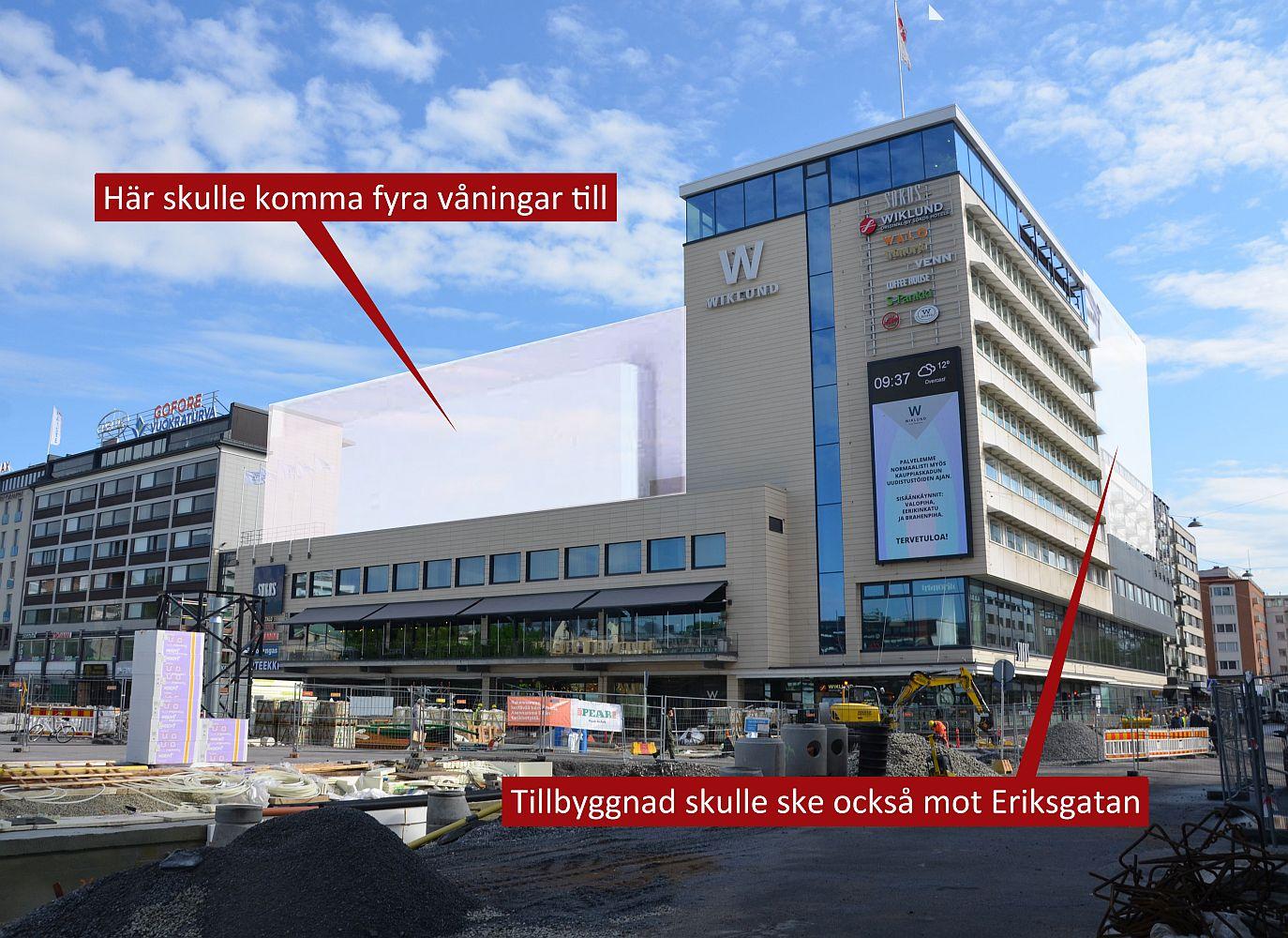 Varuhus med möjlig tillbyggnad inritad