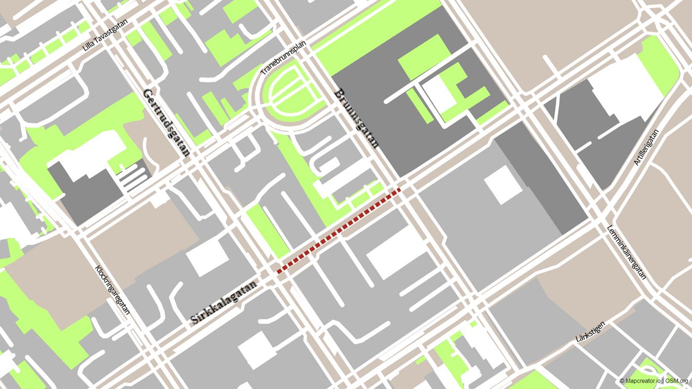 En karta med ett vägavsnitt som märkts ut.