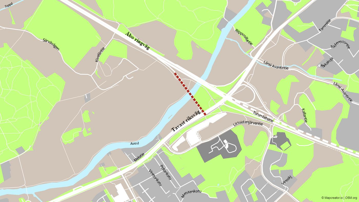 En karta med ett vägavsnitt utmärkt med röda punkter.