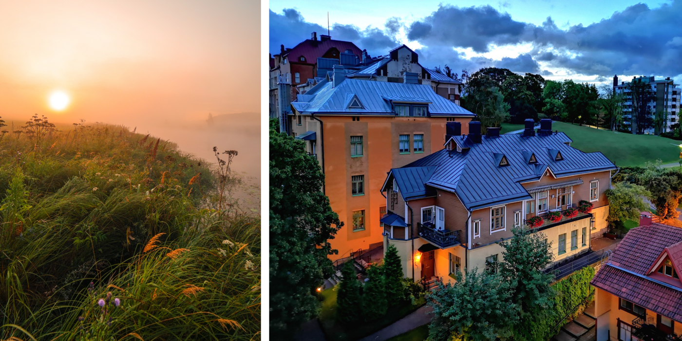 Två sommarbilder. Till vänster en frodig äng i soluppgång, till höger en vy av bostadshus i olika färger.