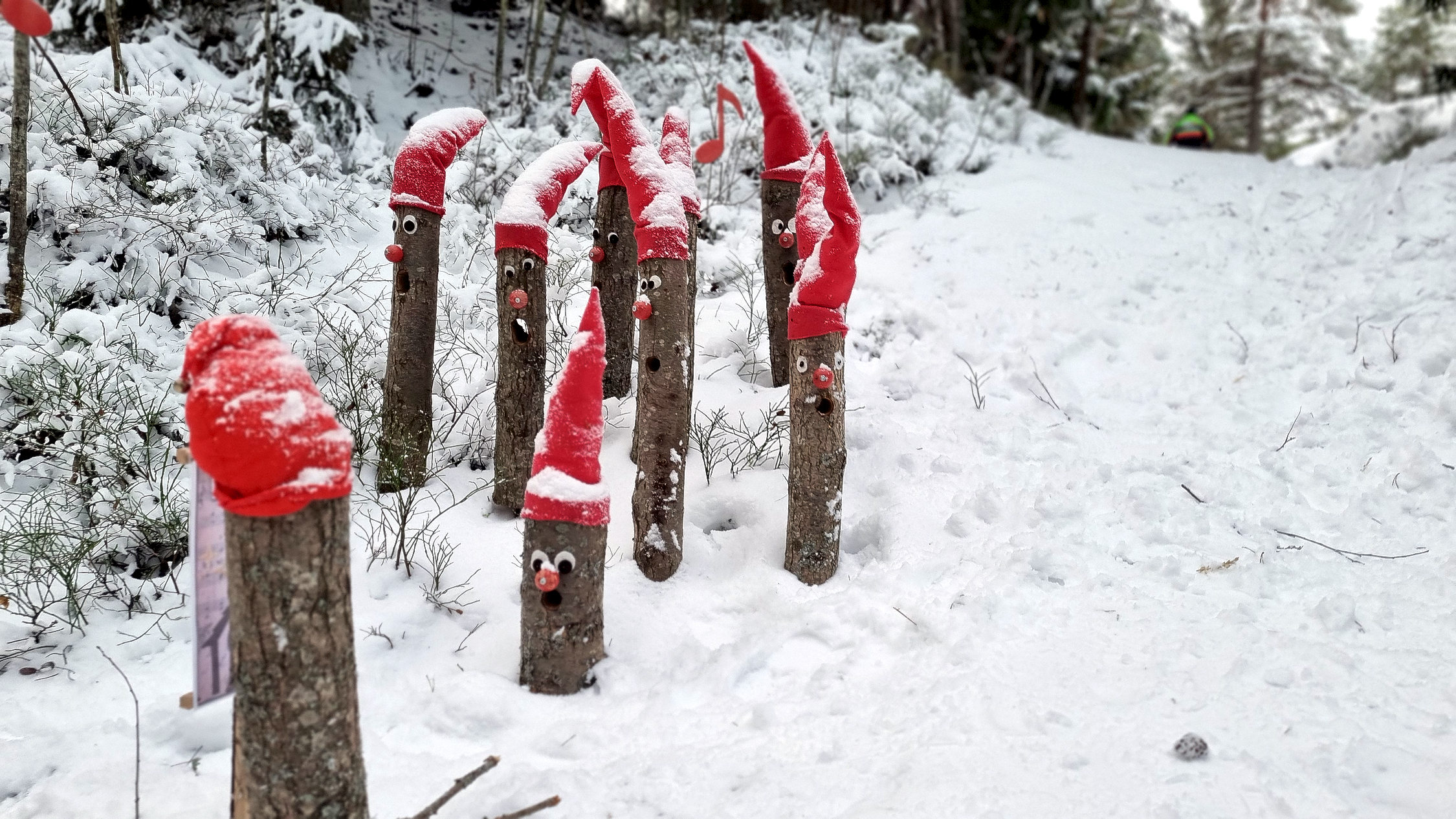 En julkör av stubbar välkomnar julstigsbesökarna.