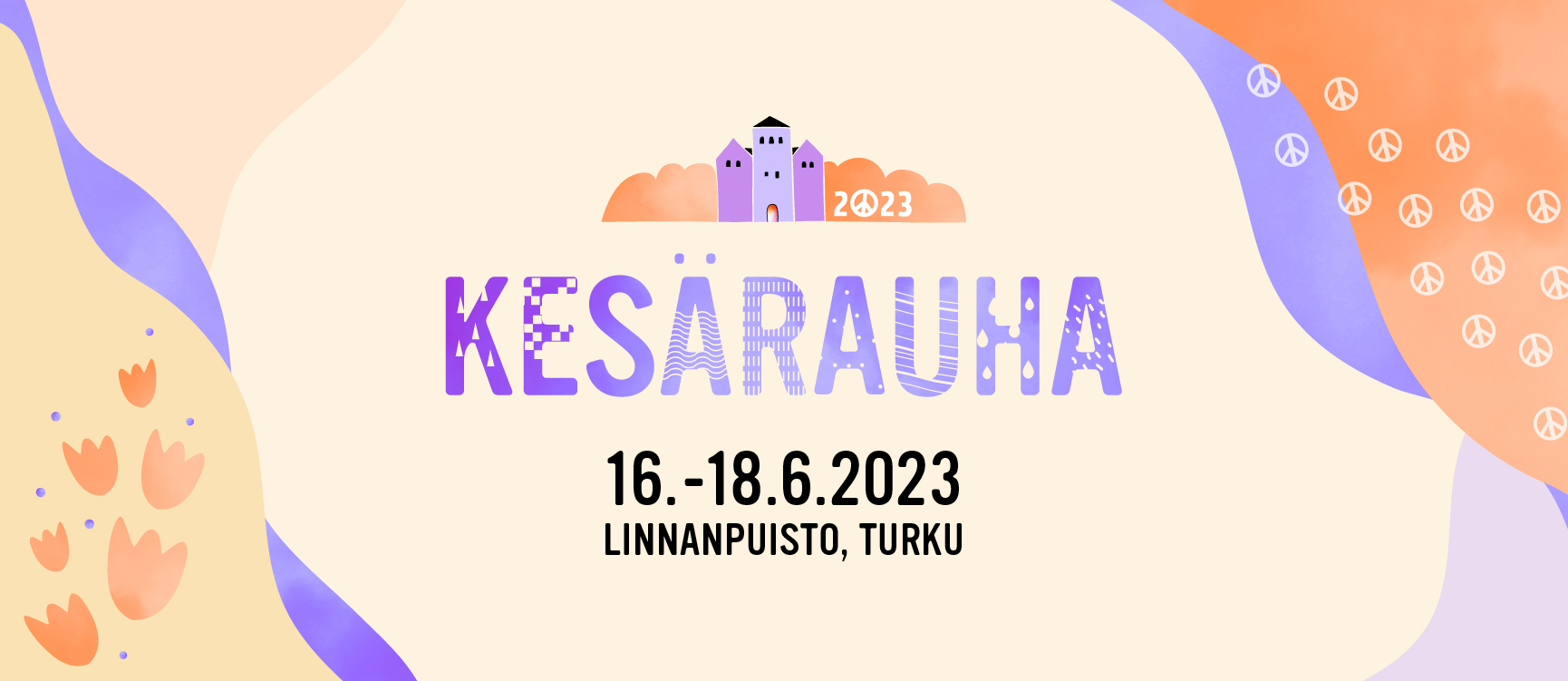 Grafisk banner med texten "Kesärauha, 16.-18.6.2023. Linnanpuisto, Turku."