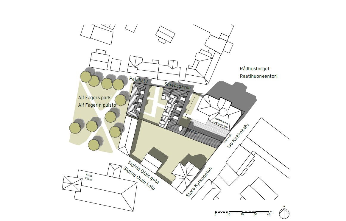 På illustrationen kan man se de nya bostadshusens (i grått) placering på tomten.