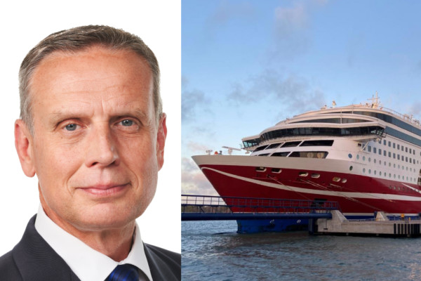 Bildpar med en man och ett kryssningsfartyg