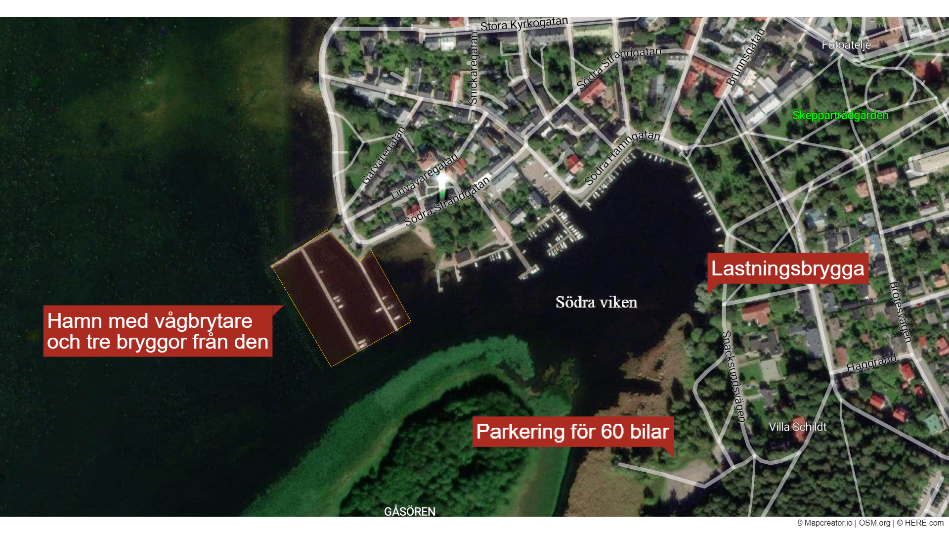 Ungefär så här ser Barckens udde och Södra viken ut i dag. Området för de nya bryggorna, lastningsbryggan och parkeringen är markerade på kartan.