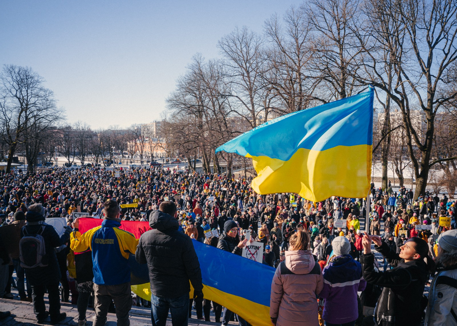 Publikhav med Ukrainas flaggor i förgrunden
