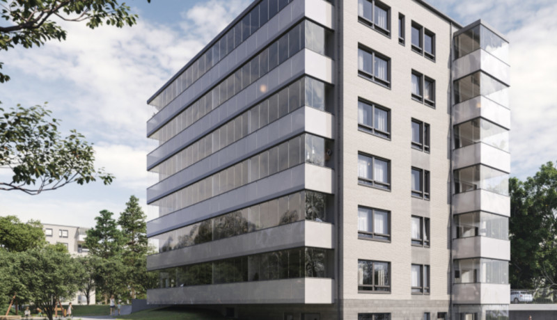 en skissbild på ett våningshus
