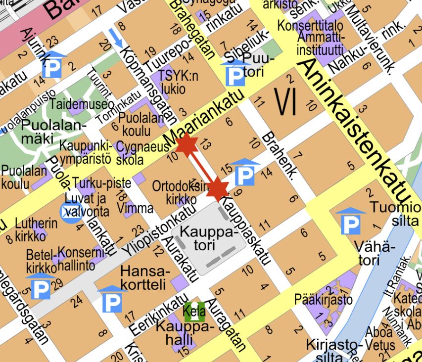 Karta över Åbo centrum med en röd markering