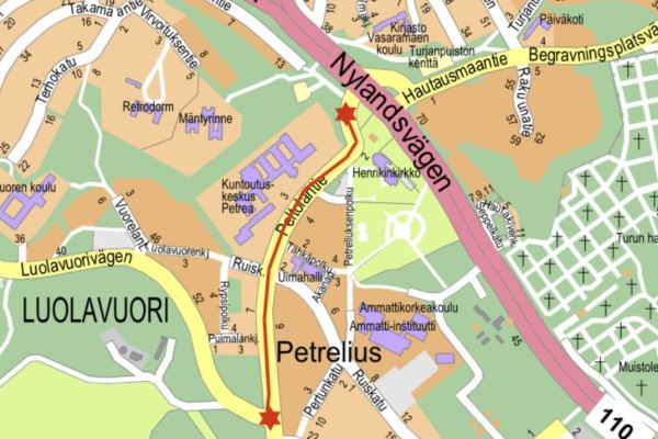 Karta med rödmärkt väg