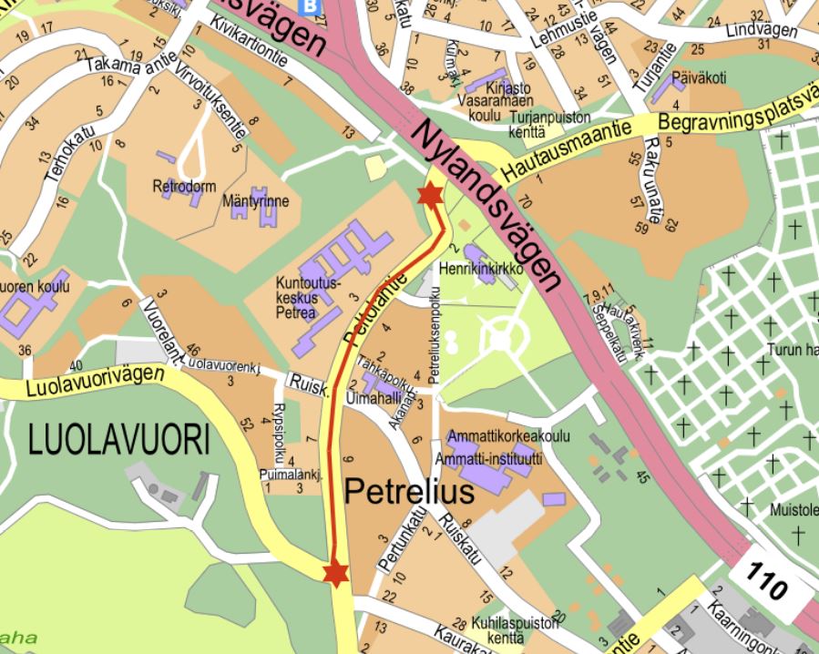 Karta med rödmärkt väg