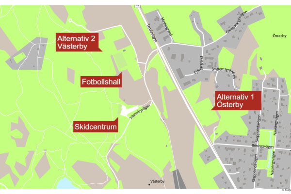 Kartgrafik där fotbollsplaner och skidcentrum är markerade.