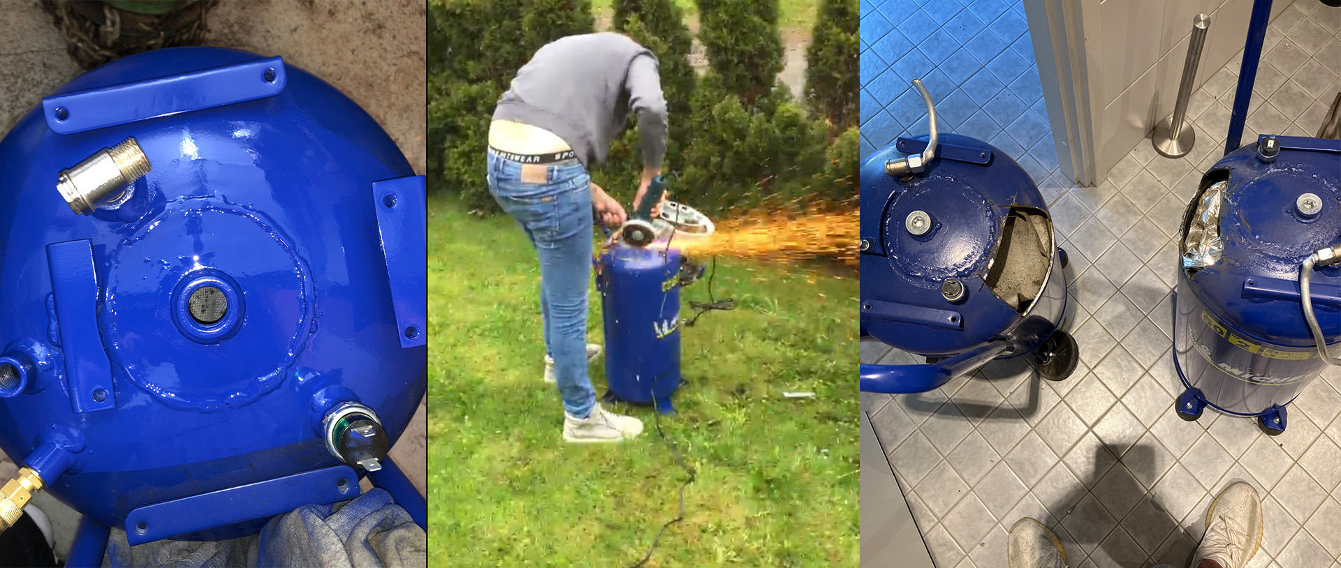 tre ihopsatta bilder av blå maskindelar