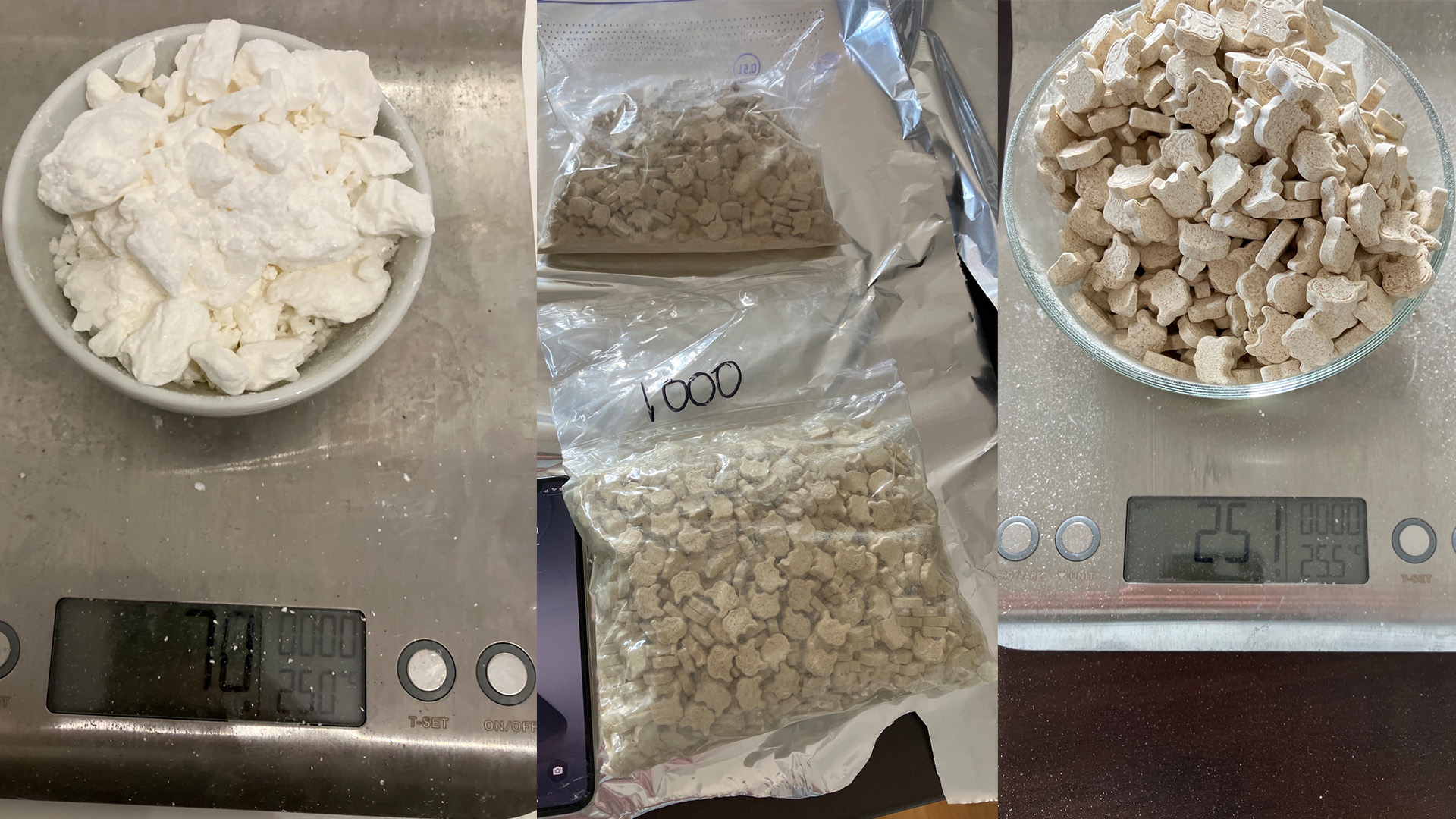 olika bilder på påsar med narkotikapulver