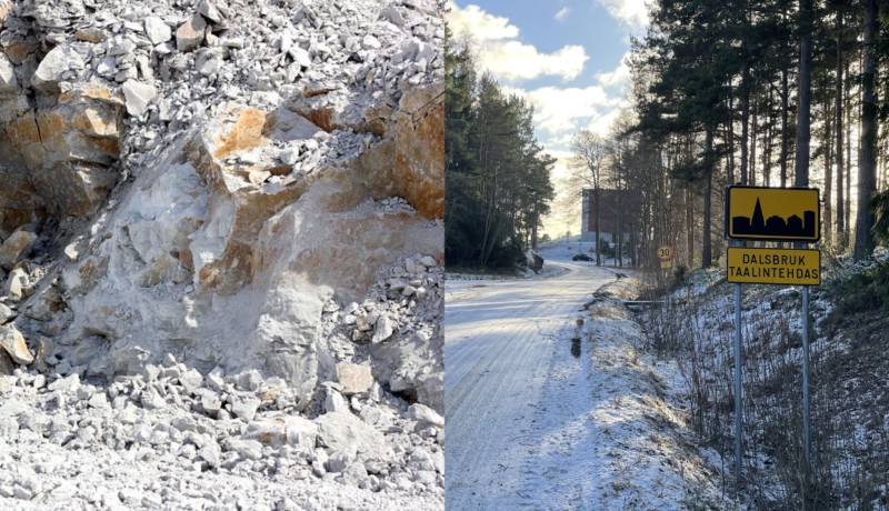 två bilder: av ett stenbrott i närbild och av en väg in i tätorten Dalsbruk