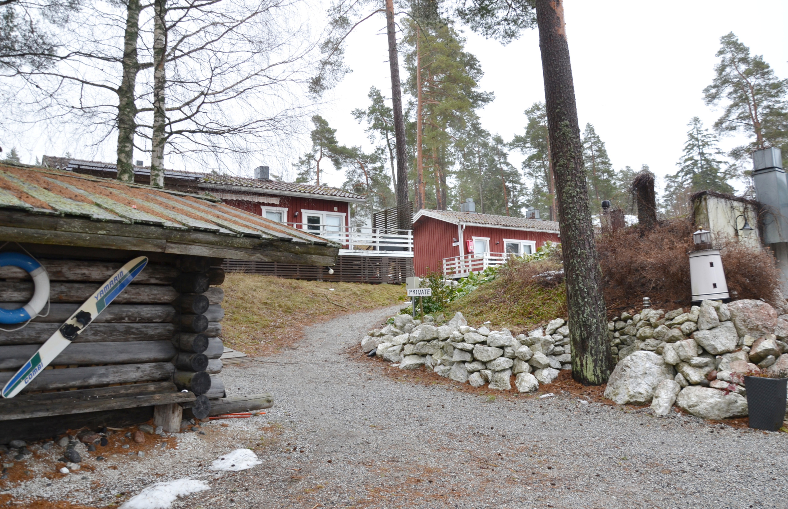 en gårdsmiljö med två röda stugor i bakgrunden och en skylt med texten privat