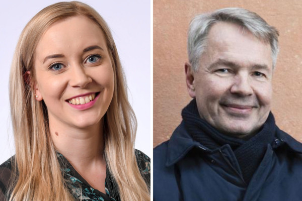 Bildpar på ljushårig kvinna och gråhårig man
